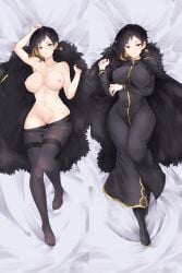 1girls big_breasts binah black_hair clothing coat dyed_hair earrings laying_down library_of_ruina lobotomy_corporation looking_at_viewer pantyhose project_moon short_hair thighs