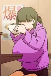 animated blunt_bangs breast_expansion chair collapse eating falling_over gigantic_breasts hair_intakes hair_over_eyes hyper hyper_breasts japanese_text momo_no_suidou-sui ramen restaurant short_ponytail sitting soup text video watermark