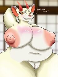 animal_crossing anthro belly big_belly big_breasts breasts deer female genitals hi_res huge_belly huge_breasts hyper hyper_belly hyper_breasts mammal mana_hannah nintendo overweight pussy shino_(animal_crossing) solo