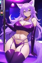 1girls :3 ai_generated armwear big_breasts bikini breasts curvy cute dog_ears dog_girl doggirl female female_focus female_only garter_belt garter_straps highres hips huge_boobs huge_breasts kemonomimi light_skin light_skinned_female long_hair patreon_username petgirl purple_ears purple_eyes purple_hair purple_tail stripper stripper_pole thick_thighs thighhighs thighs thong tori toriwoofs watermark wavy_hair white_skin white_skinned_female wide_hips wolf_ears