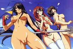 3girls ahoge ass black_hair blue_eyes breasts chouhi_ekitoku fingerless_gloves glasses gloves green_eyes hair_bobbles hair_ornament hair_over_one_eye hands_clasped ikkitousen ikkitousen_dragon_destiny innie_pussy kan'u_unchou long_hair looking_back megami multiple_girls nipples nude nude_filter petals photoshop pink_eyes pinup polearm purple_hair pussy red_hair rin-sin ryuubi_gentoku scan short_hair sky spear thighhighs thighs uncensored very_long_hair volume80 weapon white_legwear wind