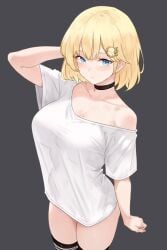 1girls blonde_hair blue_eyes bluefield bottomless breasts choker female hi_res hololive hololive_english hololive_myth huge_breasts large_breasts light-skinned_female light_skin off_shoulder see-through short_hair t-shirt thick_thighs thighhighs virtual_youtuber watson_amelia wide_hips