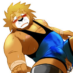 5_fingers anal anthro anus bandage black_nose blush bulge clothing creampie cum feline furry lion male male_only nipples no_humans precum shiba-kenta solo spandex sports sweat tear torn_clothing white_background wrestler