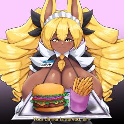 1girls breasts bunny_ears bunny_girl burger cleavage dark-skinned_female dark_skin fries large_breasts looking_at_viewer loppy_(thecon) maid maid_outfit maid_uniform original serving_tray thecon thick_thighs voluptuous voluptuous_female wide_hips