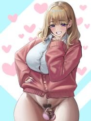 1futa 2023 ball_bra balls bangs big_breasts big_hips blonde_hair blush bottomless breasts censored clothed clothing doukutsu_ika flaccid futa_only futanari gyaru hairy_balls hips huge_breasts human light-skinned_futanari light_skin long_hair partially_clothed penis precum pubic_hair sagging_balls sagging_testicles schoolgirl small_penis smile smiling solo standing testicles thick_thighs thighs