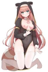 1girls angel_sword_studios breasts_out green_eyes hand_on_thigh indie_virtual_youtuber kneeling medium_breasts mole_on_breast nun_outfit open_mouth red_hair red_panda red_panda_ears red_panda_tail solo_female streaked_hair thighhighs uro_kohara virtual_youtuber vtuber white_thighhighs yuria_of_ailurus