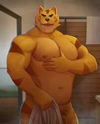 2024 abs absurd_res animal_crossing anthro ass biceps bodily_fluids deltoids felid flaccid genitals hand_on_pecs hi_res looking_at_viewer male mammal manly musclegut muscular navel nintendo nipples nude one_eye_closed open_mouth pantherine pecs penis pubes sauna slightly_chubby smile solo standing steam sweat tiger towel triceps tybalt_(animal_crossing) vein veiny_penis wink zcdartz