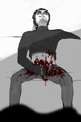 1boy black_and_white blood blood_splatter blood_stain boyfriend_to_death erection gatobob_(gurobob) gore guro jacking_off jerking masturbation old_art penis_out sketch strade