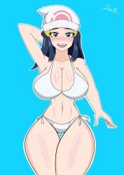 1girls absurd_res beanie big_ass big_breasts big_butt big_thighs blue_background blue_eyes blue_hair blush botto breasts dawn_(pokemon) female female_focus female_only hair hi_res human jpeg large_breasts light_blue_background long_hair navel open_mouth pokemon pose self_upload shoulder_length_hair simple_background smile solo solo_female solo_focus thick_thighs