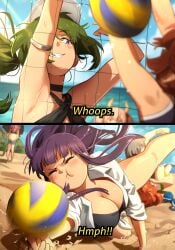 aura_(sousou_no_frieren) beach beach_background big_breasts breasts english_text female female_only fern_(sousou_no_frieren) fight fighting frieren_beyond_journey's_end funny girls_only green_hair khyleri meme multiple_girls pregnant pregnant_female purple_hair sousou_no_frieren swimsuit swimwear ubel_(sousou_no_frieren) volleyball volleyball_(ball) volleyball_net