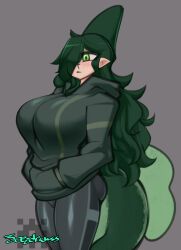 1girls 2024 artist_signature big_breasts female female_only fin green_eyes green_hair hair_over_one_eye hands_in_pockets hi_res hoodie joeydrawss long_hair pointy_ears shark_girl solo tail tammie_(joeydrawss)