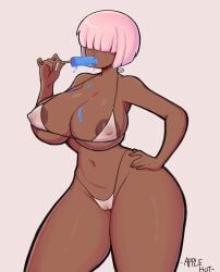 applehot areola_slip big_breasts black_outline cameltoe commission dark-skinned_female dark_nipples dark_skin eating hand_on_hip hidden_eyes holding_popsicle large_breasts micro_bikini navel pink_bikini pink_hair popsicle popsicle_in_mouth popsicle_melting short_hair thick_thighs wide_hips