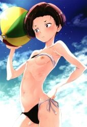 averting_eyes ball beachball bikini bikini_top_lift blush breasts brown_hair closed_mouth clothes_lift female hand_on_own_hip harukawa_fuki highres izumi_mahiru lycoris_recoil navel nipples non-web_source purple_eyes short_hair side-tie_bikini_bottom sky small_breasts solo swimsuit tomboy