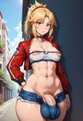 1futa ai_generated ball_bulge balls blonde_hair bulge choker crotch_bulge fate_(series) flaccid futa_only futanari green_eyes huge_balls kunaboto_(style) mordred_(fate) nipples_visible_through_clothing ponytail pubic_hair red_jacket short_hair solo testicles tubetop