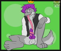 absurd_res anthro balls clothed clothing digital_media_(artwork) erection fur genitals hair hi_res khryaus_o'howl_(artist) king_(crmlcd) long_tongue looking_at_viewer male male_only nintendo oral paws penis sex simple_background smile smug solo tail tongue tongue_out tonguejob topwear