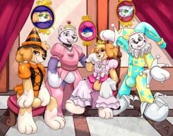 background canid canine canine canis commission complex_background cosplay domestic_dog everest_(paw_patrol) female jester kastmi male multiple_characters null null_bulge oc ocs paw_patrol plushsuit princess queen royal sissy skye_(paw_patrol) suit