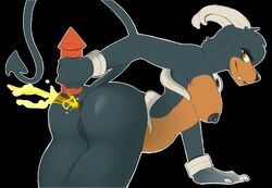 anthro anus ass bent_over black_background black_nipples breasts canine demon_tail fart female female_only fire fire_fart fireworks fur furry herro horns houndoom looking_at_viewer looking_back nintendo nude plain_background pokemon pussy raised_tail solo