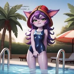 ai_generated animal_ears bedroom_eyes blue_swimsuit green_eyes league_of_legends lulu_the_fae_sorceress one-piece_swimsuit pool purple_hair purple_skin shortstack small_breasts smug swimsuit turkeyman_ai yordle