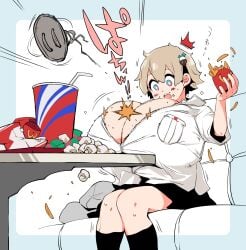 breast_expansion bursting_breasts cola dialogue eating food fries gigantic_breasts growth_sequence hoodie hoodie_removed hyper_breasts japanese_text kneesocks light_brown_hair looking_down popped_button sequence shocked short_hair skirt text