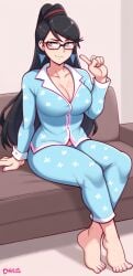 ai_generated aianonguy barefoot bayonetta bayonetta_(character) black_hair cleavage cozy dross_(style) female female_only glasses pajamas self_upload sitting sitting_on_couch solo_female stable_diffusion taller_girl