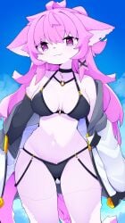 bikini bra dev_voxy devil-vox devvoxy heterochromia hoodie io_(devil-vox) long_hair looking_at_viewer pink_eyes pink_hair