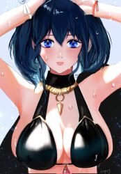 alternate_costume black_bikini black_swimsuit blue_eyes blue_hair breasts byleth_(female)_(fire_emblem) byleth_(female)_(summer)_(fire_emblem) byleth_(fire_emblem) byleth_(fire_emblem)_(female) female female_only fire_emblem fire_emblem:_three_houses fire_emblem_heroes looking_at_viewer nintendo official_alternate_costume shiro_zakuro solo swimsuit