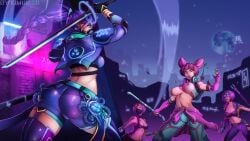 4girls alternate_costume amaterasu_(smite) battle big_breasts blue_hair cyberblade_amaterasu da_ji_(smite) goddess hi-rez_studios kimirasu light-skinned_female light_skin mulan_(smite) multiple_girls pink_hair rav3n_the_morrigan short_hair smite syndicate_da_ji the_morrigan_(smite) wardrobe_malfunction wildstyle_mulan