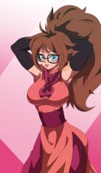 1girls android_21 android_21_(human) blue_eyes brown_hair busty chesterzee chichi_(cosplay) curvy dragon_ball dragon_ball_fighterz earrings glasses light-skinned_female light_skin ponytail rubberband small_waist tight_clothing tying_hair