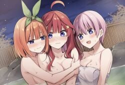 3girls ai_generated arms_around_partner blue_eyes blush fff_threesome go-toubun_no_hanayome incest large_breasts nakano_ichika nakano_itsuki nakano_yotsuba naked onsen orange_hair pink_hair red_hair sisters towel yuri