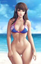 1girls alluring asian_female athletic_female bare_legs beach bikini blue_bikini blue_swimsuit brown_eyes brown_hair cloud curvy d.va daytime eye_contact female female_abs female_only fingernails fit_female flowerxl headphones hip_focus lips long_hair looking_at_another medium_breasts nail_polish naked_from_the_waist_down no_panties no_underwear ocean overwatch overwatch_2 pale-skinned_female pale_skin parted_lips pink_nails pussy smile swimsuit thigh_gap toned video_game_character voluptuous watermark web_address wide_hips
