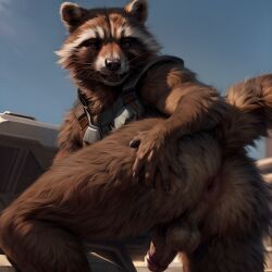 ai_generated anthro anus ass balls butt_grab clothing detailed detailed_fur fur genitals hair hand_on_butt hi_res humanoid_genitalia humanoid_penis looking_at_viewer male mammal marvel multicolored_body penis presenting presenting_hindquarters procyonid raccoon rocket_raccoon solo taji_(director)