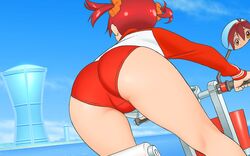 ass bike bloomers buruma cityscape female from_behind orange_eyes red_hair reflection tied_hair tracksuit twintails