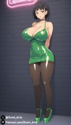 1girls against_wall ai_generated black_hair choker cleavage green_eyes gumi_arts hairpin high_heels huge_breasts kirigaya_suguha lips looking_at_viewer minidress night pantyhose platform_heels stable_diffusion sword_art_online thick_thighs wide_hips