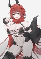 black_nails claw_pose contrapposto cute_fang dangerous_beast female fur_bikini goddess_of_victory:_nikke holding_tail large_breasts mash_kyrielight_(dangerous_beast)_(cosplay) nail_polish painted_nails red_hood_(nikke) sharp_nails skin_fang smile thick_thighs wide_hips wolf_costume