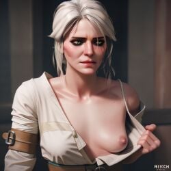 ai_generated breasts breasts_out ciri female green_eyes kindagoated light-skinned_female nipples presenting_breasts scar solo the_witcher_(series) the_witcher_3:_wild_hunt white_hair