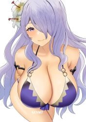 1girls absurdres alternate_costume alternate_version_available artist_name bikini breasts camilla_(fire_emblem) camilla_(summer)_(fire_emblem) cleavage female fire_emblem fire_emblem_fates fire_emblem_heroes flower genm7 hair_flower hair_ornament hair_over_one_eye highres large_breasts light-skinned_female light_skin long_hair looking_at_viewer nintendo o-ring o-ring_bikini official_alternate_costume purple_bikini purple_eyes purple_hair purple_swimsuit sarong simple_background smile solo swimsuit upper_body very_long_hair wavy_hair white_background