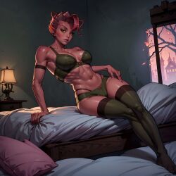 abs ai_generated bra dark_willow dota_2 edit fairy fit_female green_clothing lingerie looking_at_viewer muscular on_bed pink_skin solo_female upscaled