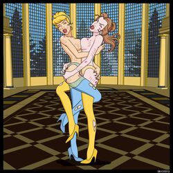 2girls beauty_and_the_beast belle big_breasts blonde_hair blood breasts brown_hair bruises brunette catfight cinderella_(1950_film) cinderella_(disney) crossover disney disney_princess evanime female female_only garter_belt gold_heels high_heels multiple_girls naked scratches scratching stockings torn_clothing