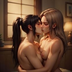 2girls ai_generated desgens eve_(stellar_blade) indoors kissing kissing nude stellar_blade tachy_(stellar_blade) yuri