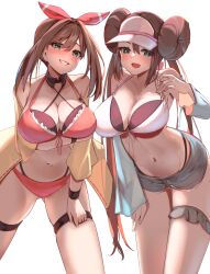 2girls bikini_top blue_eyes breasts brown_hair cleavage female huge_breasts light_skin long_hair looking_at_viewer may_(pokemon) may_(pokemon_oras) momdy_(talesshinja) nintendo pokemon pokemon_bw2 pokemon_oras rosa_(pokemon) smile things twin_buns twintails