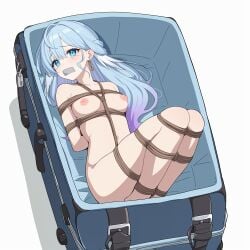 1girls arms_tied_behind_back blue_eyes blue_hair bondage bound_ankles bound_legs breasts gag gagged honkai:_star_rail in_suitcase light_blue_hair lipstick looking_at_viewer nude petite petite_body robin_(honkai:_star_rail) small_breasts tape_gag tearing_up