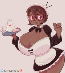 1girls applehot big_breasts black_dress brown_hair buckteeth cleavage dark-skinned_female dark_skin eyelashes female glasses huge_breasts looking_at_viewer maid mara_(applehot) mole mole_under_eye open_mouth original short_hair solo standing thick_thighs voluptuous w_arms wide_hips