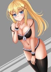 bare_shoulders black_bra black_panties black_thighhighs blonde_hair blue_eyes blush bow bow_bra bra breasts cleavage collarbone commentary darkness_(konosuba) female frilled_bra frilled_panties frills grey_background hair_between_eyes hair_ornament highres kazenokaze kono_subarashii_sekai_ni_shukufuku_wo! large_breasts long_hair navel panties ponytail solo strap_slip thighhighs underwear underwear_only very_long_hair wrist_cuffs x_hair_ornament