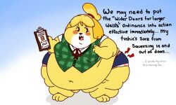 animal_crossing big_ass black_text chubby_cheeks clipboard fat_arms fat_legs fawxen flabby_legs in_pain isabelle_(animal_crossing) looking_back nintendo obese pink_panties polka_dot_panties solo stretched_clothing stretched_underwear text wardrobe_malfunction