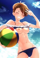 ball beachball bikini bikini_top_lift blue_bikini blush breasts breasts_out brown_hair closed_eyes clothes_lift collarbone female from_below grin highres izumi_mahiru lycoris_recoil medium_breasts navel nipples non-web_source otome_sakura outdoors short_hair sky smile solo swimsuit tomboy very_short_hair w