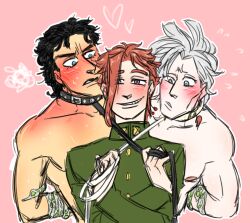 3boys blush dominant_male gay jean_pierre_polnareff jojo's_bizarre_adventure jotaro_kujo male male/male/male male_only mmm_threesome noriaki_kakyoin stardust_crusaders submissive_male yaoi