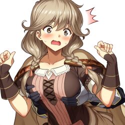 1boy 1girls ^^^ ai_generated bangs blonde_hair blush bow braid breast_grab breasts brown_eyes brown_hair cape capelet collarbone dress embarrassed faye_(fire_emblem) female fire_emblem fire_emblem_echoes:_shadows_of_valentia gloves grabbing grabbing_from_behind groping hair_between_eyes hair_ribbon hands_up light_brown_hair long_hair medium_breasts nintendo novelai open_mouth ribbon self-upload short_sleeves simple_background solo_focus straight surprised sweat sweatdrop twin_braids upper_body w_arms wavy_mouth white_background