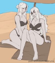 2girls alternate_costume bare_arms bare_legs bare_shoulders beach bikini black_bikini black_lips black_lipstick black_swimsuit breasts cleavage collarbone day embla_(fire_emblem) eyepatch female female_only fire_emblem fire_emblem_heroes grey_hair kalruna kneeling legs lipstick long_hair medium_breasts medium_hair multicolored_hair multiple_girls nintendo on_towel original outdoors pale-skinned_female pale_skin parasol pointy_ears shoulders sitting smile swimsuit towel umbrella very_long_hair wavy_hair