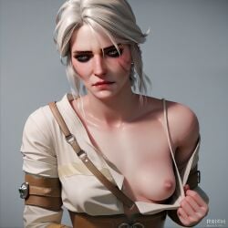 ai_generated breasts breasts_out ciri female green_eyes kindagoated light-skinned_female nipples presenting_breasts scar solo the_witcher_(series) the_witcher_3:_wild_hunt white_hair