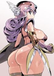 1girls 2023 areola_slip areolae armor ass back bikini_armor blue_eyes breasts clothing curly_hair dragon_quest dragon_quest_iii female female_only gloves helmet highres holding_scissors holding_shield holding_weapon huge_ass huge_breasts jewelry looking_at_viewer looking_back petitdry pink_gloves purple_hair revealing_clothes scissors shield shoulder_pads sideboob simple_background skindentation soldier_(dq3) solo standing thick_thighs thigh_strap thighs white_background wide_hips winged_helmet wings